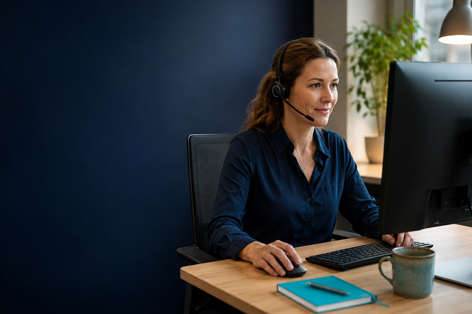 IT-tekniker med headset vid sin dator – illustrativ bild