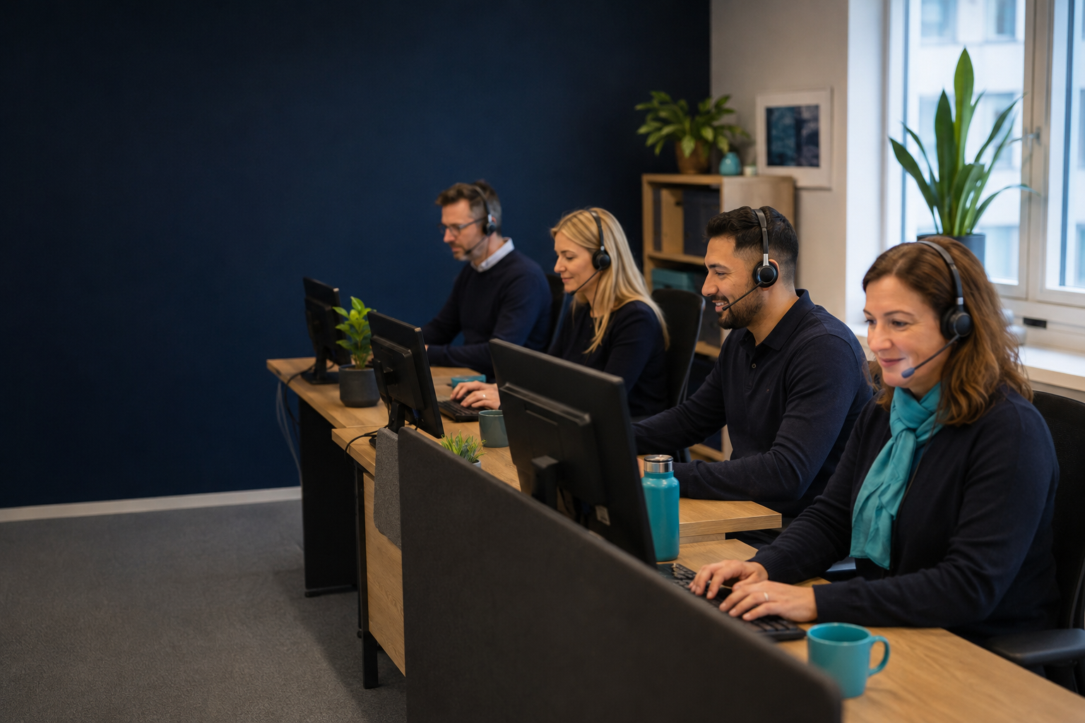 Illustrativ bild av ett supportteam med två kvinnor och två män med headset